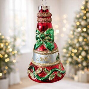 Vintage Glass Christmas Ornament – Finial / Tower Shape – Red Green Gold Glitter